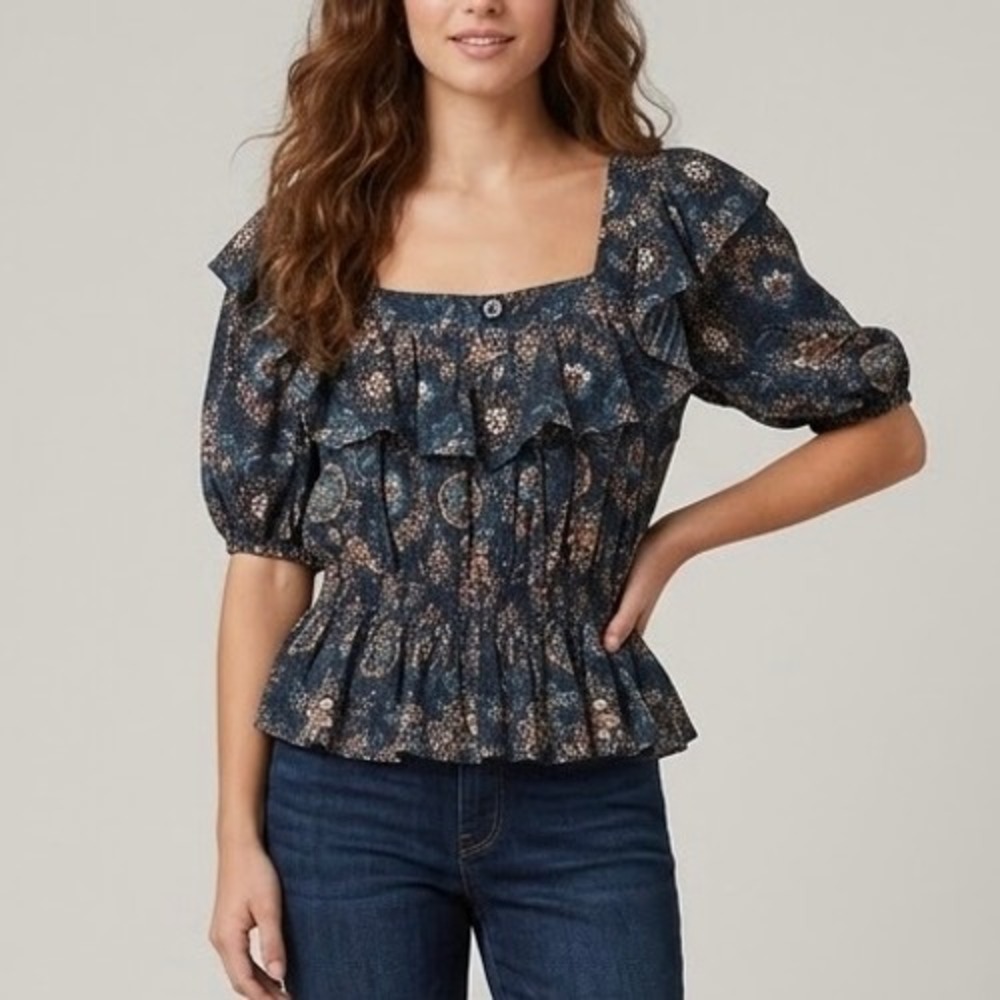 Ulla Johnson Warner Blouse Twilight Blue Floral Ruffle Smocked Puff Sleeve 6
